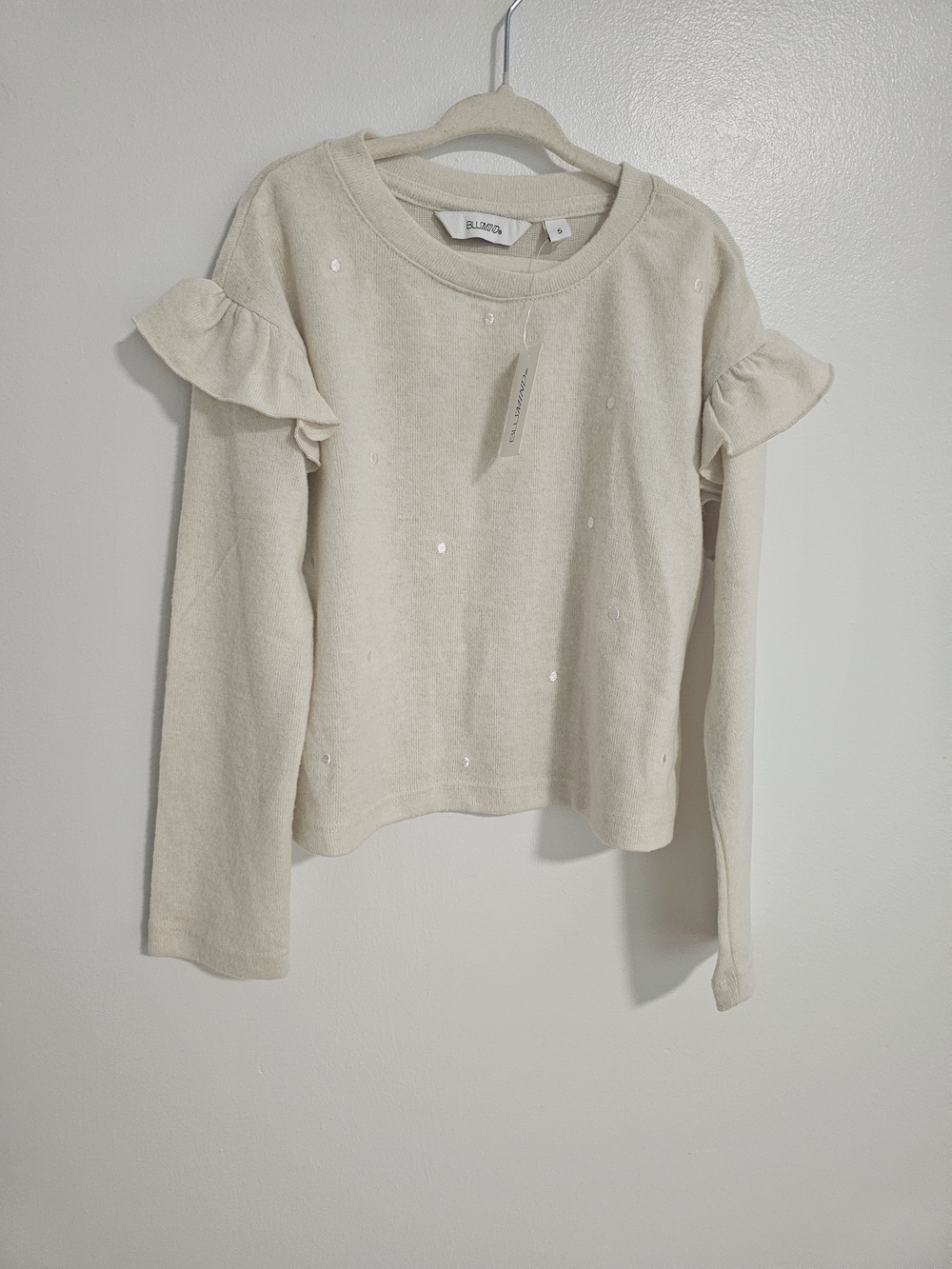 🧸2/20$ NWT Blumind Ruffle Sleeve Sweater Cream Girls Size 5 Polka Dots